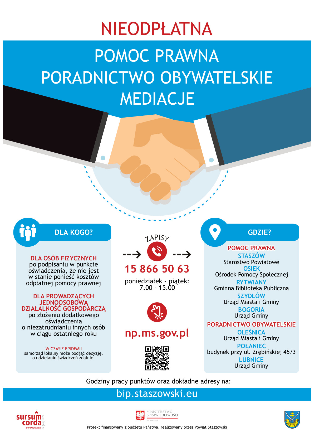 Plakat: Stowarzyszenie Sursum Corda realizuje projekt powierzony przez Powiat STASZOWSKI, w ramach którego prowadzimy nieodpłatną pomoc prawną, nieodpłatne poradnictwo obywatelskie oraz nieodpłatne mediacje. Szczegółowe informacje o zakresie i zasadach korzystania ze wsparcia znajdują się na stronie internetowej Powiatu Staszowskiego (www.staszowski.eu)