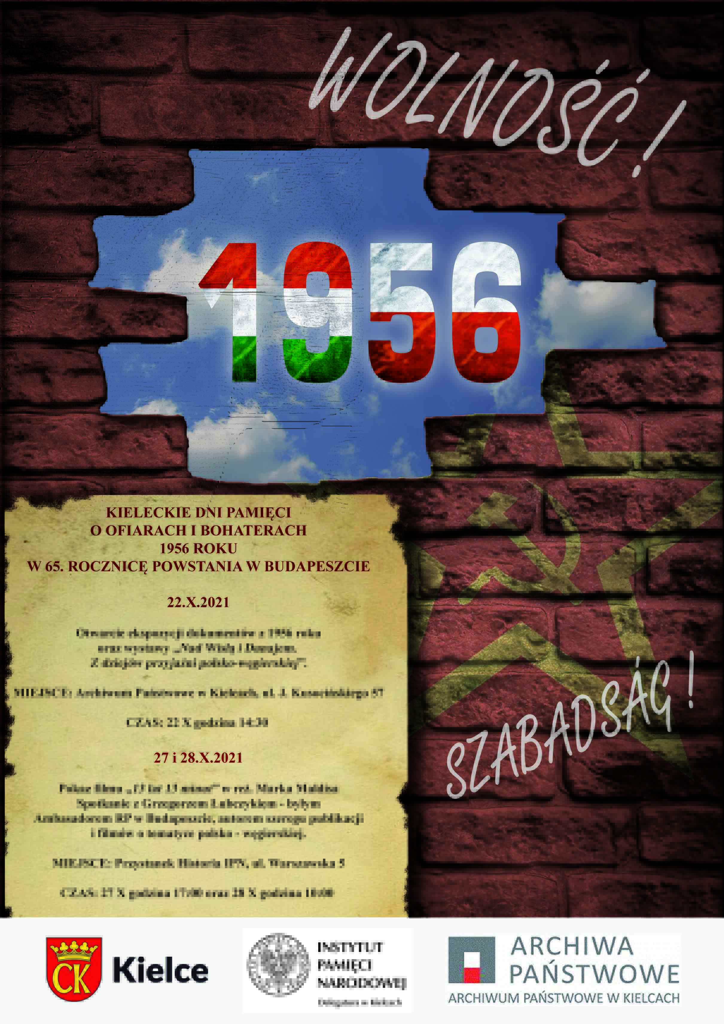 Plakat informacyjny: rocznica wybuchu Powstania Węgierskiego. Pokaz filmu „13 lat, 13 minut” oraz spotkanie autorskie z Grzegorzem Łubczykiem, byłym Ambasadorem Polski na Węgrzech – Kielce, ul. Warszawska 5, 27-28 października 2021 r.