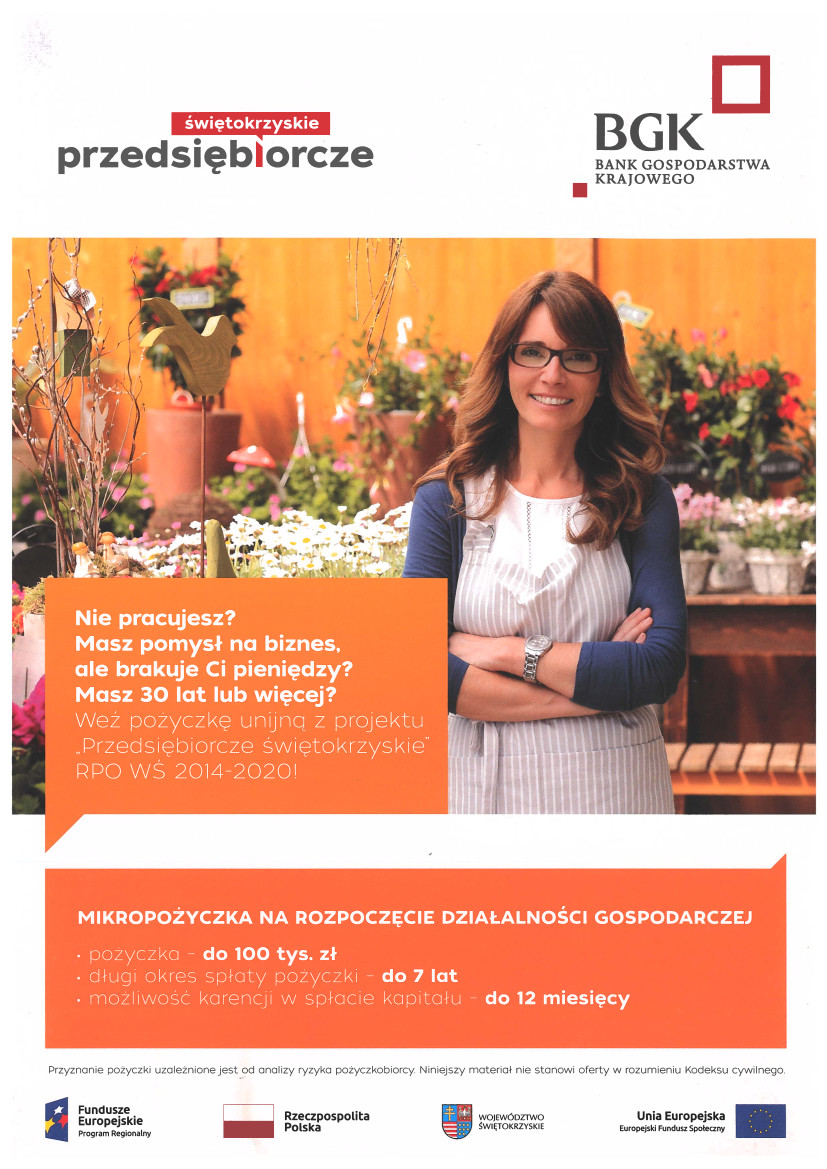 Plakat informacyjny:  Myślisz o rozpoczęciu działalności gospodarczej,  brakuje Ci środków?    Zapraszamy na spotkanie informacyjno-szkoleniowe dotyczące wsparcia rozpoczęcia działalności gospodarczej oraz pożyczek dla MŚP.