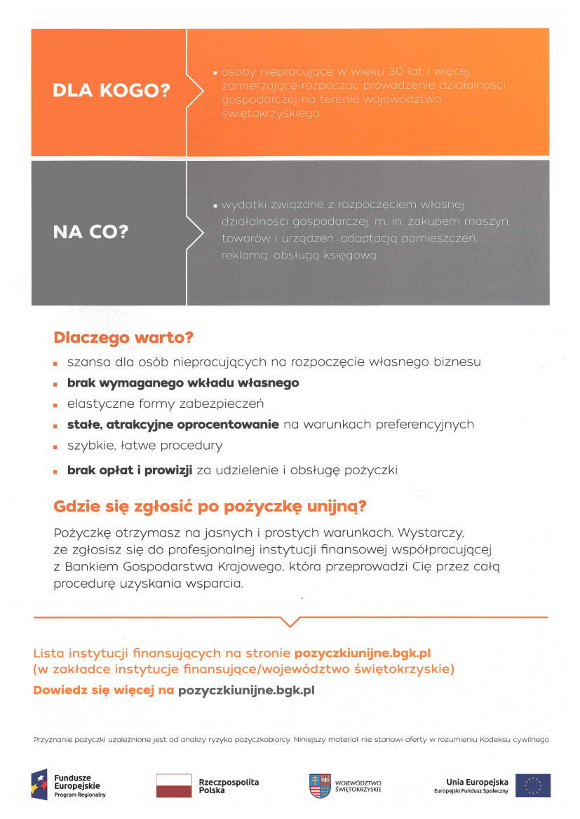 Plakat informacyjny:  Spotkanie informacyjno-szkoleniowe dotyczące wsparcia rozpoczęcia działalności gospodarczej oraz pożyczek dla MŚP.