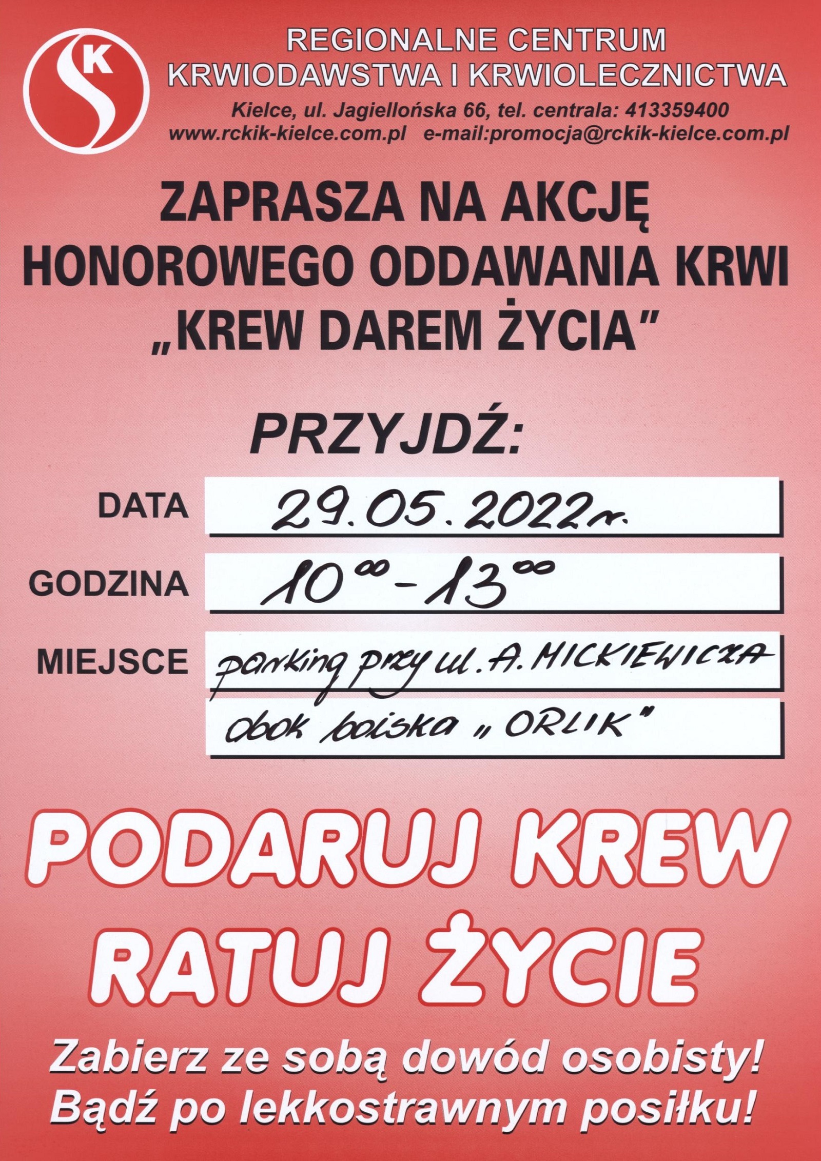 Komunikat RCKiK w Kielcach: akcja poboru krwi w Staszowie 