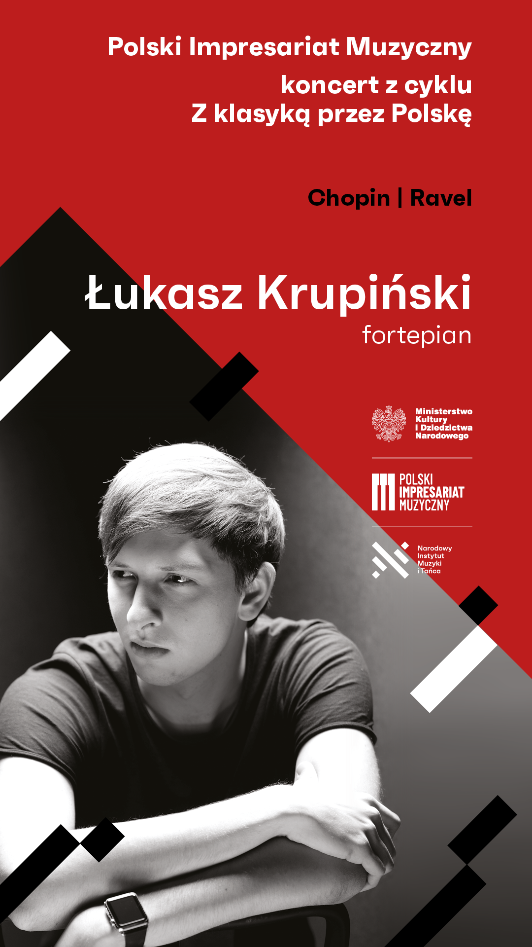 Plakat informacyjny: 19 czerwca, godz. 17:00, Staszowski Ośrodek Kultury. Na scenie Staszowskiego Ośrodka Kultury zagra Łukasz Krupiński. Wybitny polski pianista mieszkający w Londynie, półfinalista Konkursu Chopinowskiego. Występował m.in. w Carnegie Hall/Stern Auditorium w Nowym Jorku, Cadogan Hall, St. Martin in the Fields Royal Albert Hall w Londynie oraz w Filharmonii Narodowej w Warszawie. Koncertował z Jerusalem Symphony Orchestra, The Chicago Philharmonic,The Orchestra of the America, Sinfonią Varsovią i Santander Orchestra. 17 października 2021 wystąpił w Wigmore Hall w Londynie podczas Uroczystej Gali 50-lecia Chopin Society UK w obecności JKW księżniczki Alexandry oraz Jego Królewskiej Wysokości Księcia Kentu Edwarda. Łukasz Krupiński jest Artystą Steinwaya i finalistą UK Piano Open, zdobywcą Grand Prix w San Marino. 